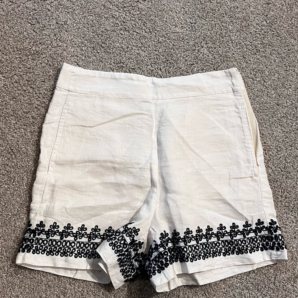 J. Crew White and Black Bermuda Shorts with Embroidered Trim